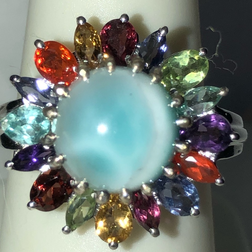 Larimar Surrounded by Multiple Gemstones in Platinum over Sterling Ring